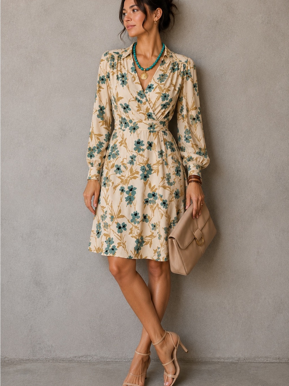 H&M Cream Floral Faux Wrap Dress. Medium Cottagecore. Boho Chic